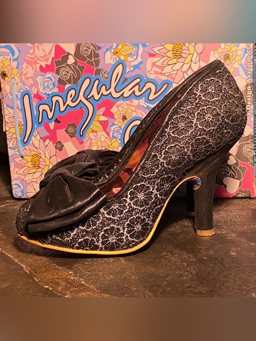 Irregular Choice Mal E Bow pumps in box, black silver lace,bows,8 - Picture 2 of 16